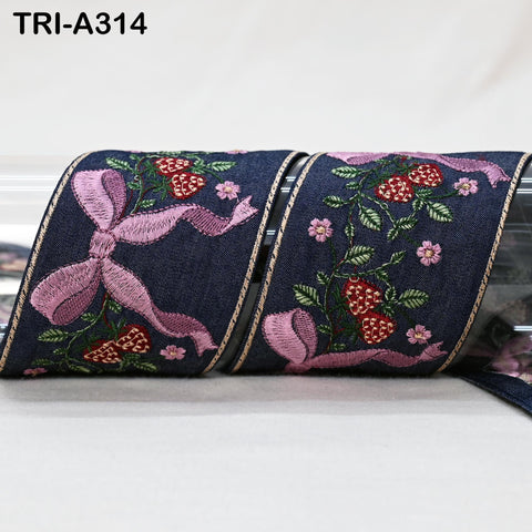 9 Yard Embroidered Denim Trim: Indian Sari Border Ribbon, 8cm Victorian Handbags, Home Decor Sewing Accessory