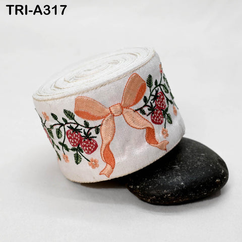 9 Yard Embroidered Ribbon Trim: Strawberry and Bow Design, Craft Sewing Fabric Border