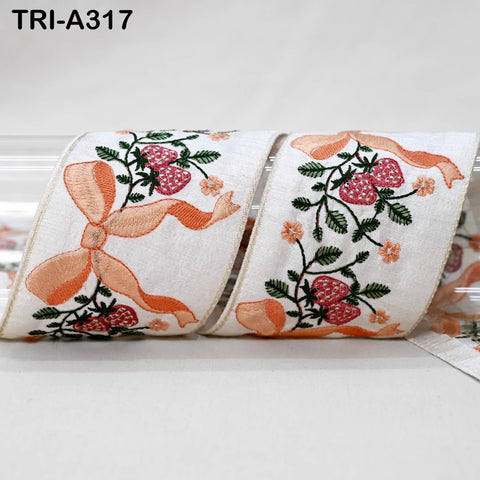 9 Yard Embroidered Ribbon Trim: Strawberry and Bow Design, Craft Sewing Fabric Border