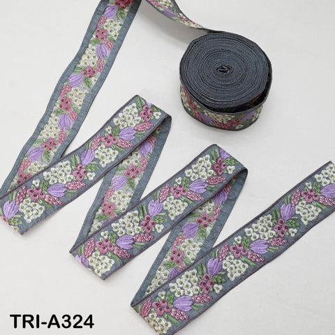 9 Yard Grey Indian Embroidery Ribbon 5cm Trim Sari Border DIY Craft Embroidery Lampshade Regency Reticules, Victorian Handbags Junk Journal