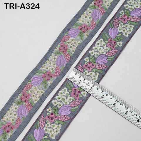 9 Yard Grey Indian Embroidery Ribbon 5cm Trim Sari Border DIY Craft Embroidery Lampshade Regency Reticules, Victorian Handbags Junk Journal