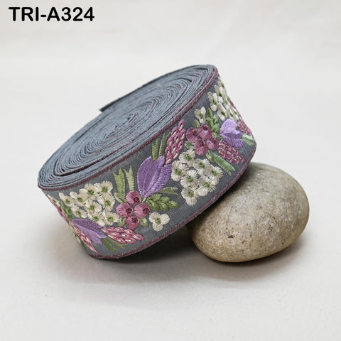 9 Yard Grey Indian Embroidery Ribbon 5cm Trim Sari Border DIY Craft Embroidery Lampshade Regency Reticules, Victorian Handbags Junk Journal
