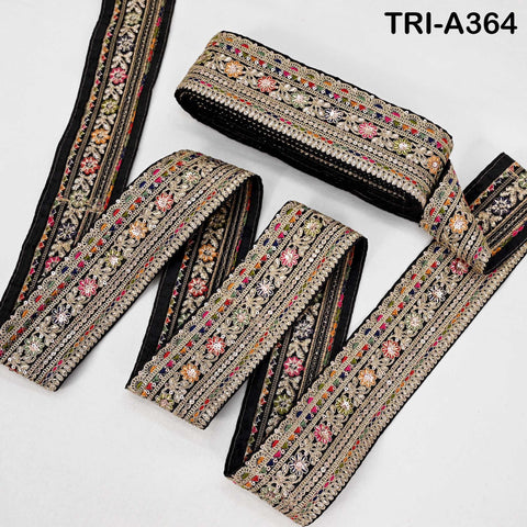 Embroidered Sari Border Trim: Black Gold Zari Sequin Indian Fabric Lace (9 Yard)