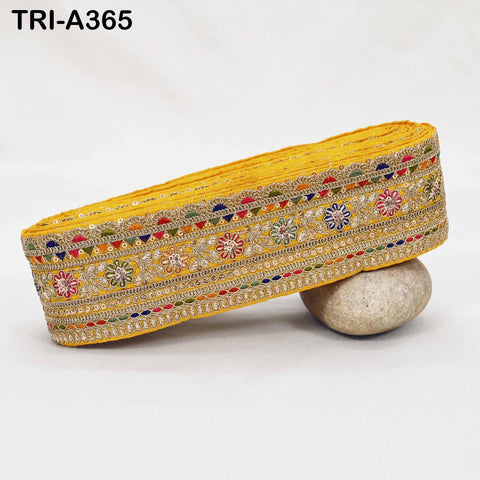 Embroidered Sari Border Trim: Yellow Gold Zari Sequin Indian Fabric Lace (9 Yard)
