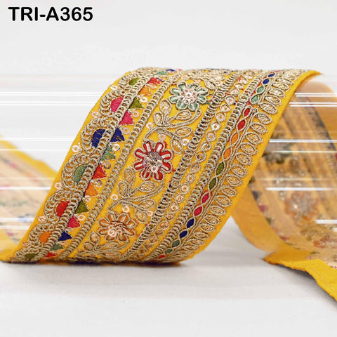 Embroidered Sari Border Trim: Yellow Gold Zari Sequin Indian Fabric Lace (9 Yard)