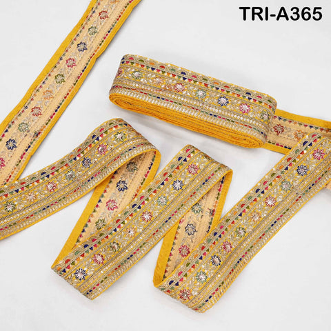 Embroidered Sari Border Trim: Yellow Gold Zari Sequin Indian Fabric Lace (9 Yard)