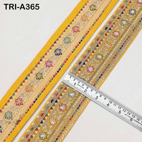 Embroidered Sari Border Trim: Yellow Gold Zari Sequin Indian Fabric Lace (9 Yard)