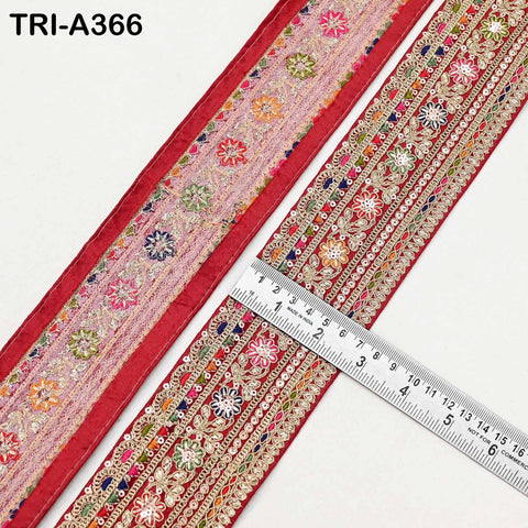 Embroidered Red Sari Border Trim: Gold Zari Sequins Lace for Crafts (9 Yard)