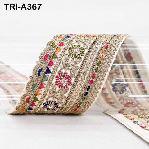 Embroidered Sari Border Trim: 2.6 Inch Gold Zari Sequins Lace for Crafts (9 Yard)