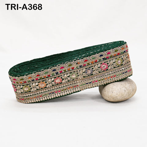 Indian Embroidered Sari Border Trim: 2.6 Inch Green Gold Zari Sequins Lace for Crafts (9 Yard)