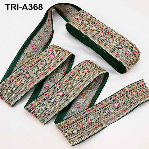 Indian Embroidered Sari Border Trim: 2.6 Inch Green Gold Zari Sequins Lace for Crafts (9 Yard)