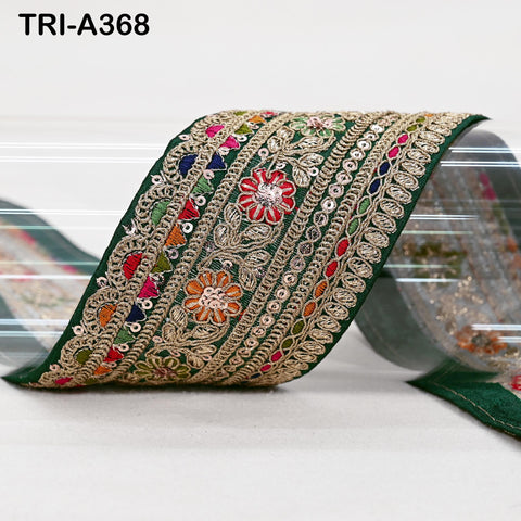 Indian Embroidered Sari Border Trim: 2.6 Inch Green Gold Zari Sequins Lace for Crafts (9 Yard)