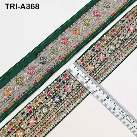 Indian Embroidered Sari Border Trim: 2.6 Inch Green Gold Zari Sequins Lace for Crafts (9 Yard)