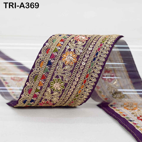 Indian Embroidered Sari Border Trim: 2.6 Inch Voilet Gold Zari Sequins Lace for Crafts (9 Yard)