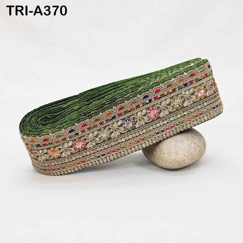 Indian Sari Border Trim: Forest Green Gold Zari Sequins Embroidery Lace for Crafts (9 Yard)