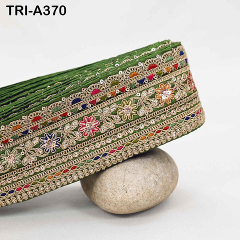 Indian Sari Border Trim: Forest Green Gold Zari Sequins Embroidery Lace for Crafts (9 Yard)