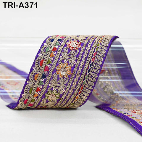 Embroidered Zari Sequin Sari Border Trim: Royal Blue Indian Craft Ribbon (9 Yard) 2.6 inches wide