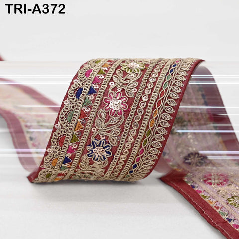 Embroidered Sari Border Trim: Maroon Gold Zari Sequin Indian Fabric Lace for Dupatta (9 Yard)