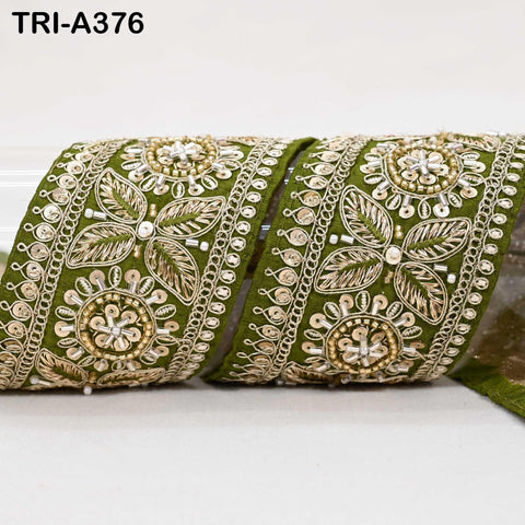9 Yard Olive Green Indian Beaded Trim Ribbon – Sari Border, Dupatta, DIY Craft, Costumes, Handbag Embellishment