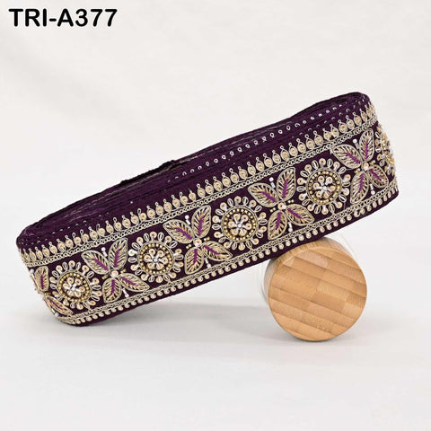 9-Yard Violet Beaded Indian Trim – Sari Border, Dupatta, Craft Embellishment