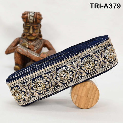 9-yard Navy Blue Indian Beaded Trim Ribbon – Sari Border, Dupatta, Craft, Costumes, Handbag Embellishment