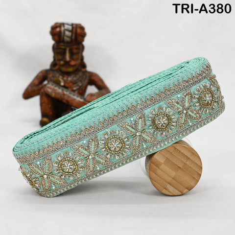 9-yard Mint Green Indian Beaded Trim Ribbon – Sari Border, Dupatta, Craft, Costumes, Handbag Embellishment