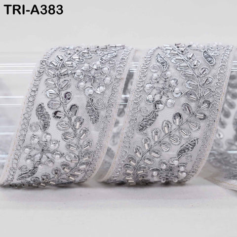 9 yard Silver Indian Beaded Trim Ribbon: 2'' Sari Border, Craft, Historic Costumes, Wedding Embellishment