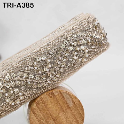 Pale Gold Indian Beaded Trim Ribbon: Sari Border, Craft, Lampshade, Handbag Embellishment