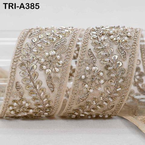 Pale Gold Indian Beaded Trim Ribbon: Sari Border, Craft, Lampshade, Handbag Embellishment