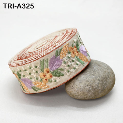 9 Yard Peach Indian Embroidery Ribbon 5cm Trim Sari Border DIY Craft Embroidery Lampshade Regency Reticules, Victorian Handbags Junk Journal