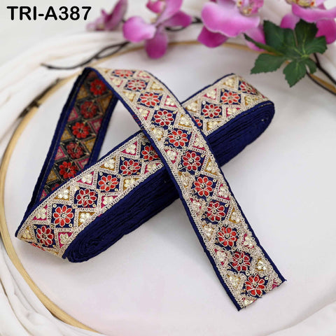 Embroidered Zari Sequin Sari Border Trim: Royal Blue Indian Craft Ribbon (9 Yard) 1.8 inches wide
