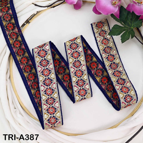 Embroidered Zari Sequin Sari Border Trim: Royal Blue Indian Craft Ribbon (9 Yard) 1.8 inches wide