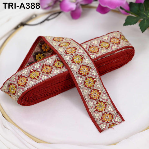 Embroidered Zari Sequin Sari Border Trim: Red Indian Craft Ribbon (9 Yard) 1.8 inches
