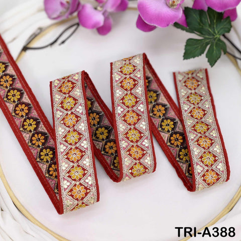 Embroidered Zari Sequin Sari Border Trim: Red Indian Craft Ribbon (9 Yard) 1.8 inches