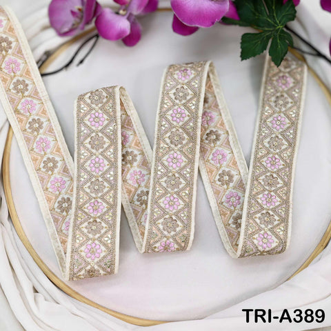 Embroidered Zari Sequin Sari Border Trim: Ivory Indian Craft Ribbon (9 Yard) 1.8 inches