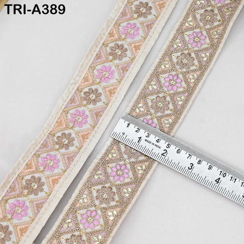 Embroidered Zari Sequin Sari Border Trim: Ivory Indian Craft Ribbon (9 Yard) 1.8 inches