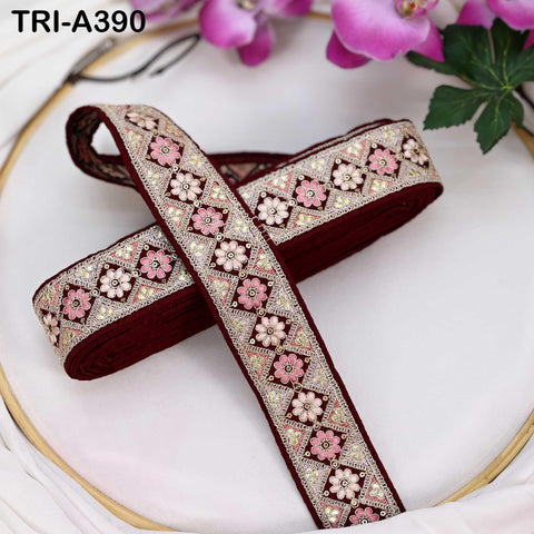 Embroidered Trim Zari Sequin Sari Border: Maroon Indian Craft Ribbon (9 Yard) 1.8 inches