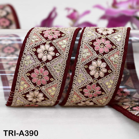 Embroidered Trim Zari Sequin Sari Border: Maroon Indian Craft Ribbon (9 Yard) 1.8 inches