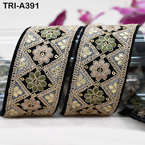 Embroidered Trim Zari Sequin Sari Border: Black Indian Craft Ribbon (9 Yard) 1.8 inches