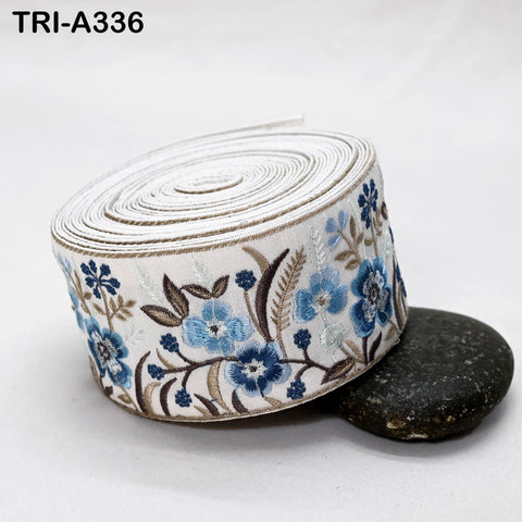 Blue Embroidered Sari Border Ribbon: Floral Trim for Crafts, Sewing, Home Decor (9 Yards)