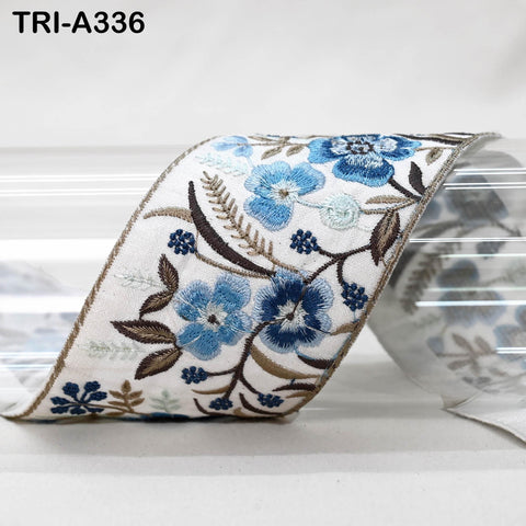 Blue Embroidered Sari Border Ribbon: Floral Trim for Crafts, Sewing, Home Decor (9 Yards)