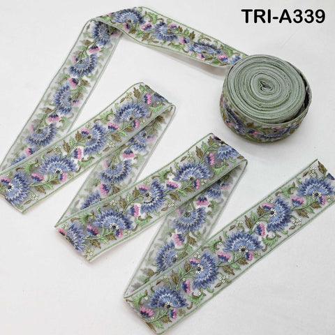 9 Yard Blue Floral Indian Embroidery Ribbon Trim – 2 Inch Sari Border for Crafts