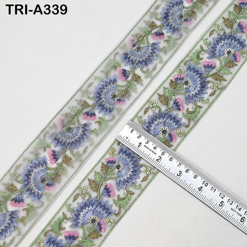9 Yard Blue Floral Indian Embroidery Ribbon Trim – 2 Inch Sari Border for Crafts