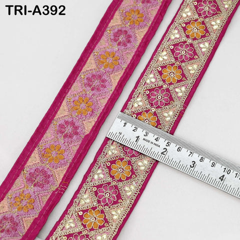 Embroidered Zari Sequin Sari Border Trim: Magenta Indian Craft Ribbon (9 Yard) 1.8 inches