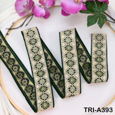 Embroidered Trim Zari Sequin Sari Border: Green Indian Craft Ribbon (9 Yard) 1.8 inches