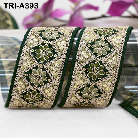 Embroidered Trim Zari Sequin Sari Border: Green Indian Craft Ribbon (9 Yard) 1.8 inches