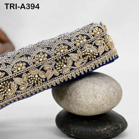Navy Blue Indian Beaded Trim Ribbon – 9-yard Gold Zari Embroidery Sari Border (5cm)