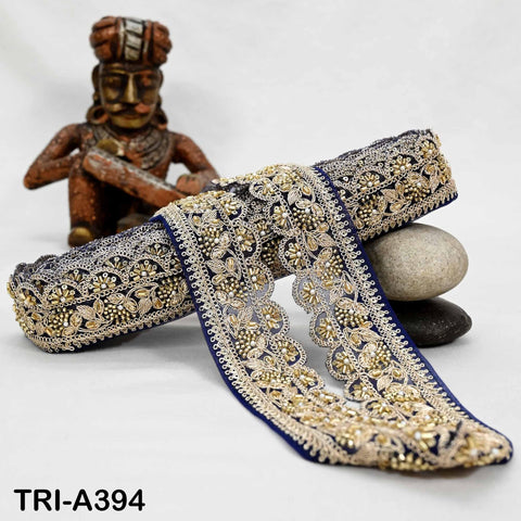 Navy Blue Indian Beaded Trim Ribbon – 9-yard Gold Zari Embroidery Sari Border (5cm)