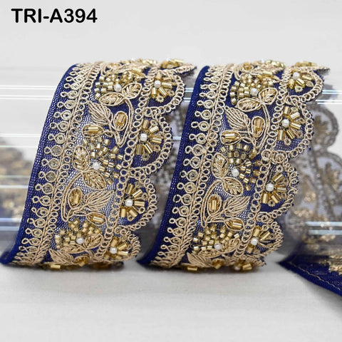 Navy Blue Indian Beaded Trim Ribbon – 9-yard Gold Zari Embroidery Sari Border (5cm)