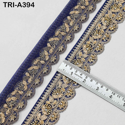 Navy Blue Indian Beaded Trim Ribbon – 9-yard Gold Zari Embroidery Sari Border (5cm)